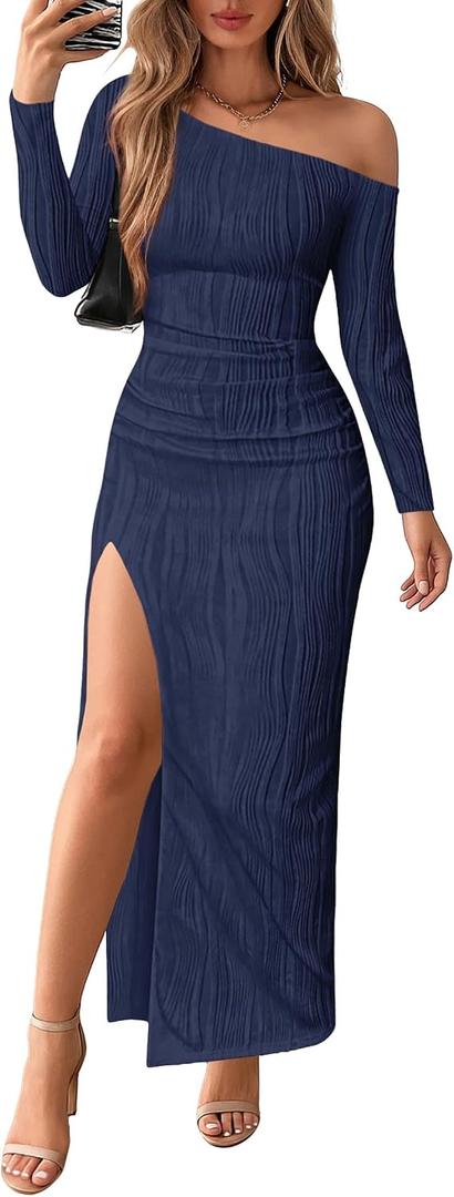 Lazysmile Womens Long Sleeve Maxi Dresses Off Shoulder Bodycon Cocktail Formal Wedding Guest Slit Long Dress Fall Outfits (L)