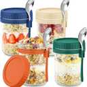 DRKIO 4 Pack Glass Overnight Oats Containers with Lids and Spoons 16 Oz Mason Jars for Overnight Oats Jars Leak Proof Oatmeal Container Meal Prep Jar for Cereal Fruit Vegetable Milk Salad Yogurt