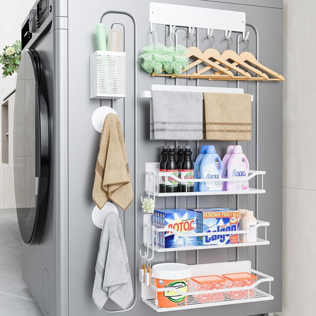 Multifunctional Magnetic Shelf for Washing Machine, Refrigerator, Microwave, Coffee Maker, and Any Metal Surface, Powerful Magnetic Shelves Include Magnetic Paper Towel Holder (8 pcs - White)