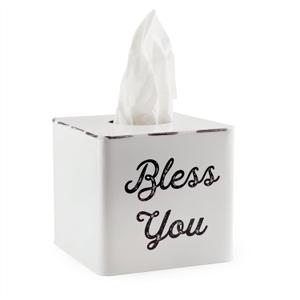AuldHome Design White Tissue Box Cover; Enamelware Square Distressed Farmhouse Vintage Style Decor Tissue Holder (White With "Bless You")