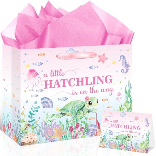 Sea Turtle Baby Shower Birthday Gift Bag A Little Hatchling is On The Way Bag with Wrapping Paper and Greeting Card Pink Under the Sea Party Decor for Baby Girls Birthday Gender Reveal Party Supplies