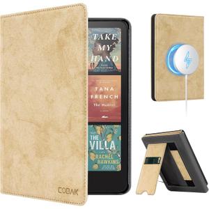 CoBak Stand Case for 7" Kindle Paperwhite 12th Gen 2024 and Kindle Colorsoft with Hand Strap - Compatible with iPhone MagSafe, for Samsung/Belkin/Anker Wireless Charging Pads, Durable, Auto Sleep Wake (*Linen)
