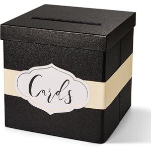 PAPER FAIR Black Glitter Gift Card Box for Reception, Large 10'' with Ribbon, Personalized Card labels, Wedding, Christmas, Birthday, Graduation, Bridal Baby Shower Money Box Party Supply Decor