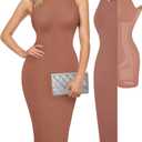 Popilush Women's Bodycon Dress Ruched Sleeveless Slimming Shapewear Casual Club Evening Party Cocktail Midi Fall Dresses L