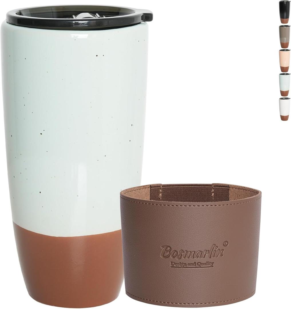 Bosmarlin Ceramic Travel Coffeel Cup with Lid, 21 oz, Portable Coffee Mug for Car Cup Holder, Microwave and Dishwasher Safe, Reactive Glaze (Mint Blue)
