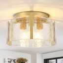 Gold Semi Flush Mount Ceiling Light,15''Modern Hallway Light Fixtures Ceiling Mount,3-Light Drum Glass Ceiling Lights for Kitchen Entryway Foyer Dining Room Bedroom Laundry
