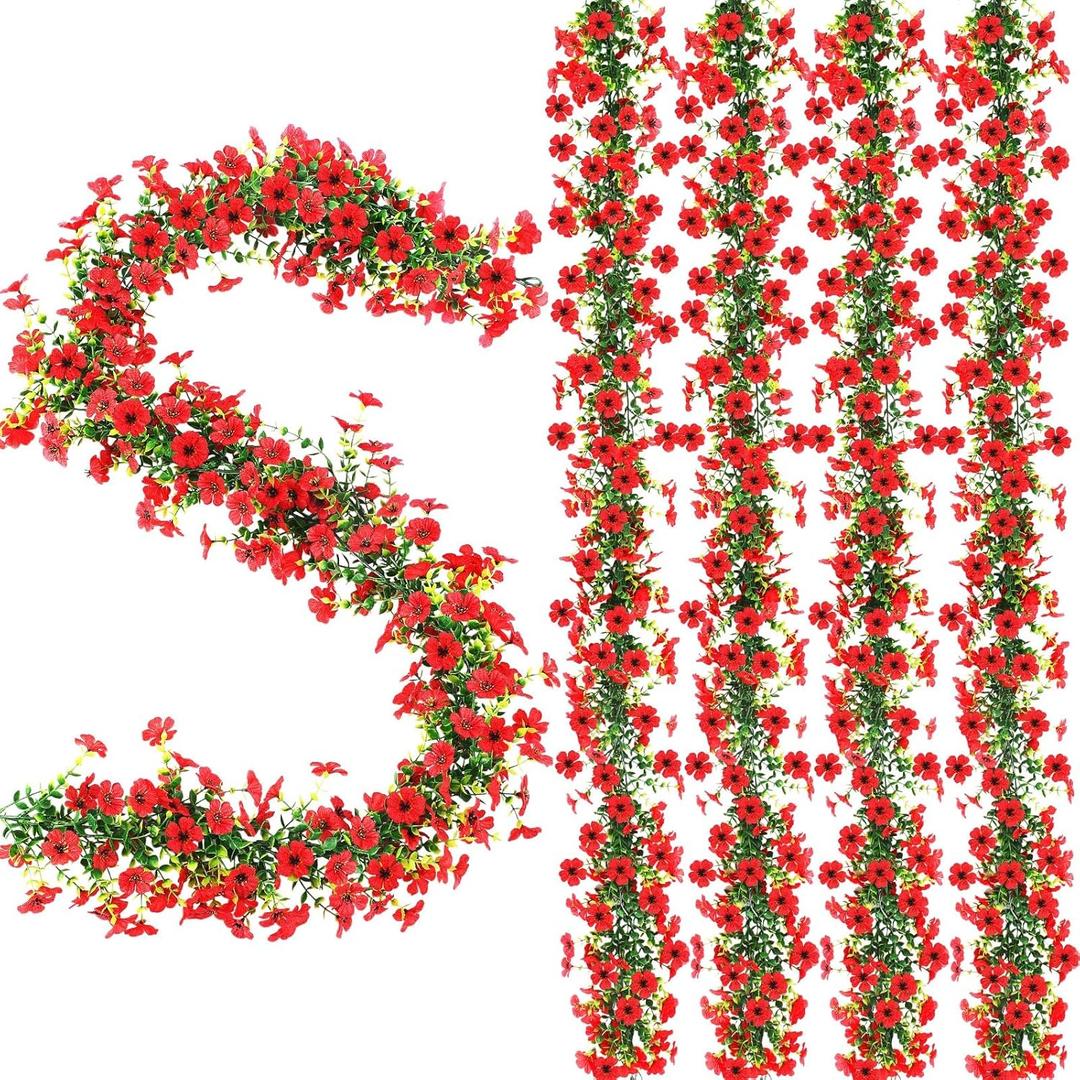 4 Pcs 6 ft Artificial Flowers Wisteria Garland-Total 24 ft Fake Hanging Wisteria Flowers Green Vines Garlands, Faux Flower Daisy with Eucalyptus Leaves for Garden Decor (Red)