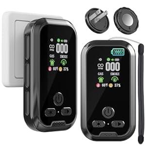 2 Packs, Plugin Carbon Monoxide Detector, 5in1, with HD Display, 3Icons, for Gas, CO, Smoke, Display Temperature, Humidity, 100dB Alarm,Builtin Battery for Portable Use, Display Power Level,Black