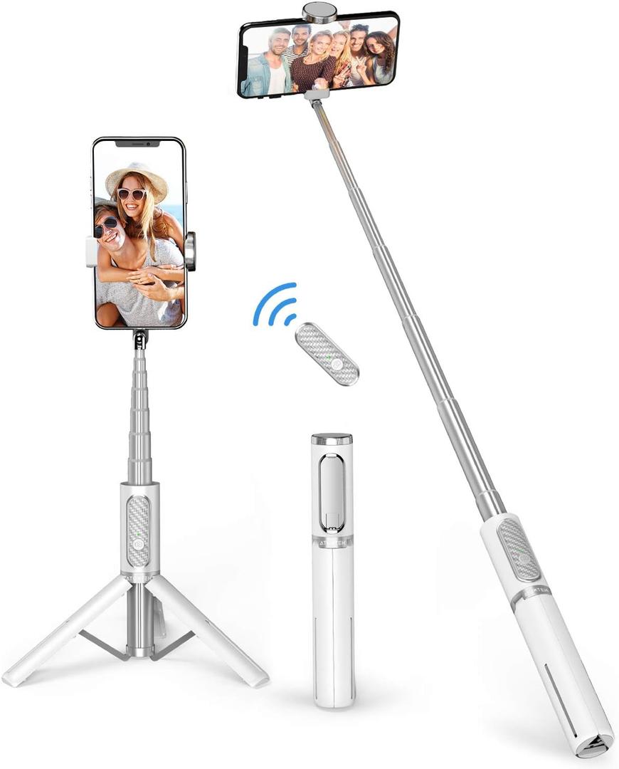 ATUMTEK Selfie Stick Tripod, 3-in-1 Extendable Aluminum Phone Tripod with Detachable Bluetooth Remote, Compatible with iPhone 17/16/15/14/13/12/11/11 Pro/XS Max/XR and Samsung Smartphones, White