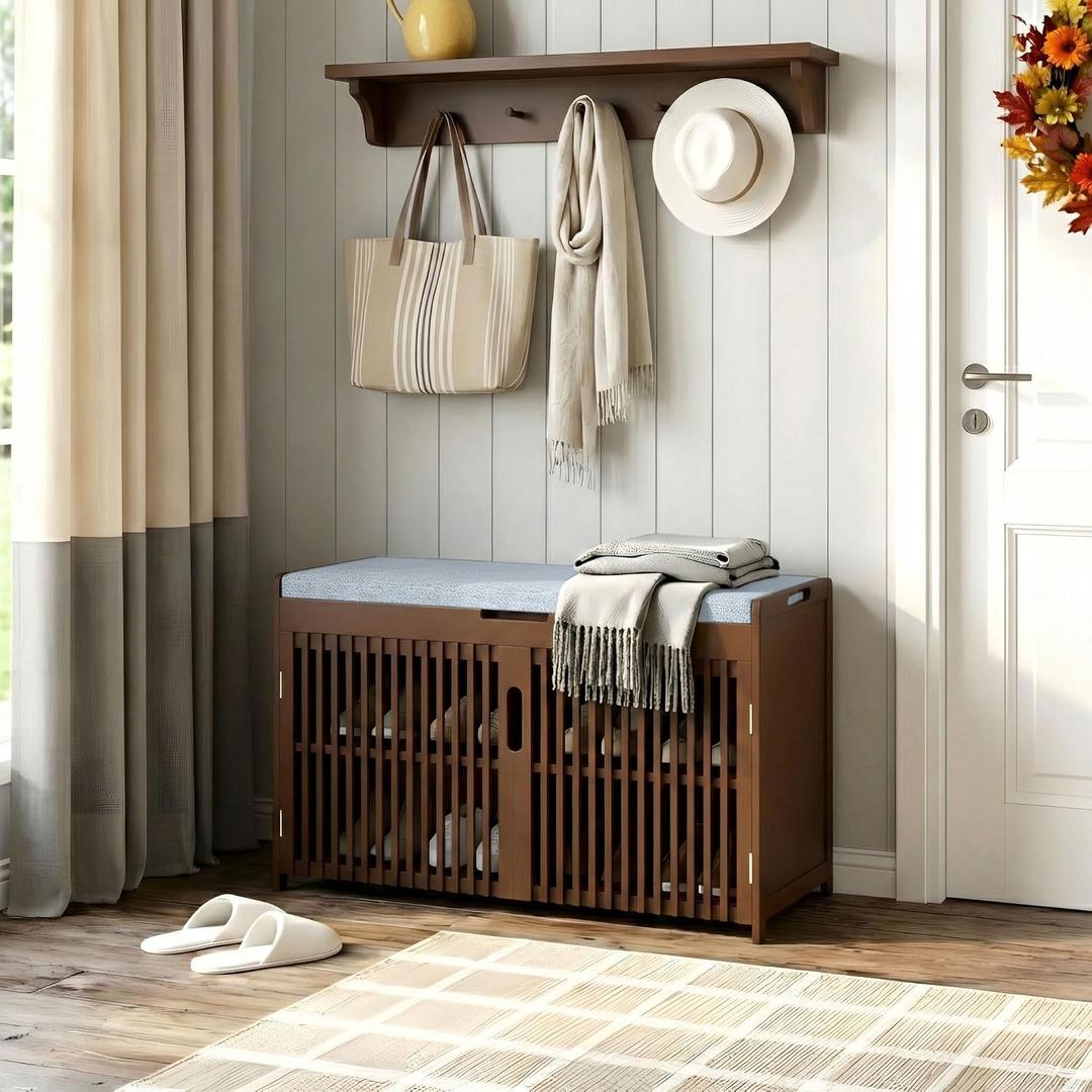 APRTAT Bamboo Shoe Storage Bench with Padded Cushion, 3-Tier Shoe Rack Organizer with 2 Ventilated Grille Doors for Entryway, Bedroom, Bathroom (Brown, Large)