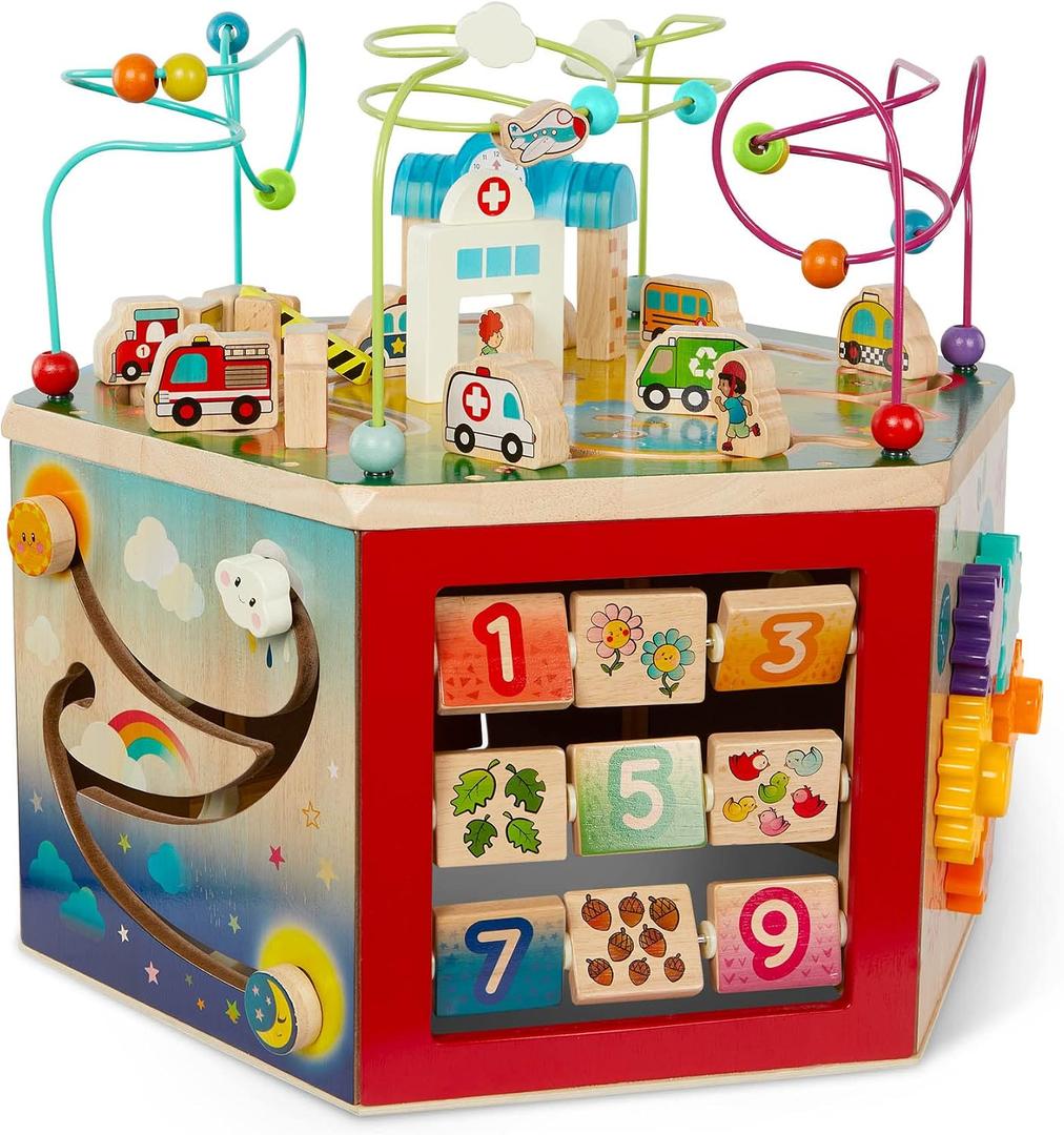 Battat Wooden Activity Cube City Themed Activity Center Educational Toys Wooden Toys for Toddlers and Kids 1 Year +, Large