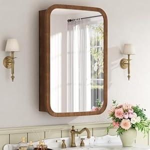 Keazile 16x24 Inch Wood Medicine Cabinet with Mirror, Surface or Recessed Mount Bathroom Mirror Cabinet, Adjustable Glass Shelves, Soft-Close Door, Rounded Corner, Fully Assembled, Walnut