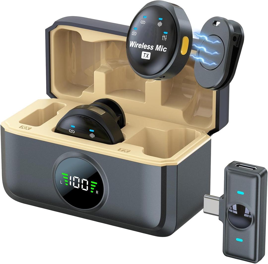 Wireless Lavalier Mini Microphone for iPhone 17 16 15 - Noise Canceling USB C Phone Microphone for Android Video Recording Vlogging TikTok, Magnetic Lapel Mic with Charging Case