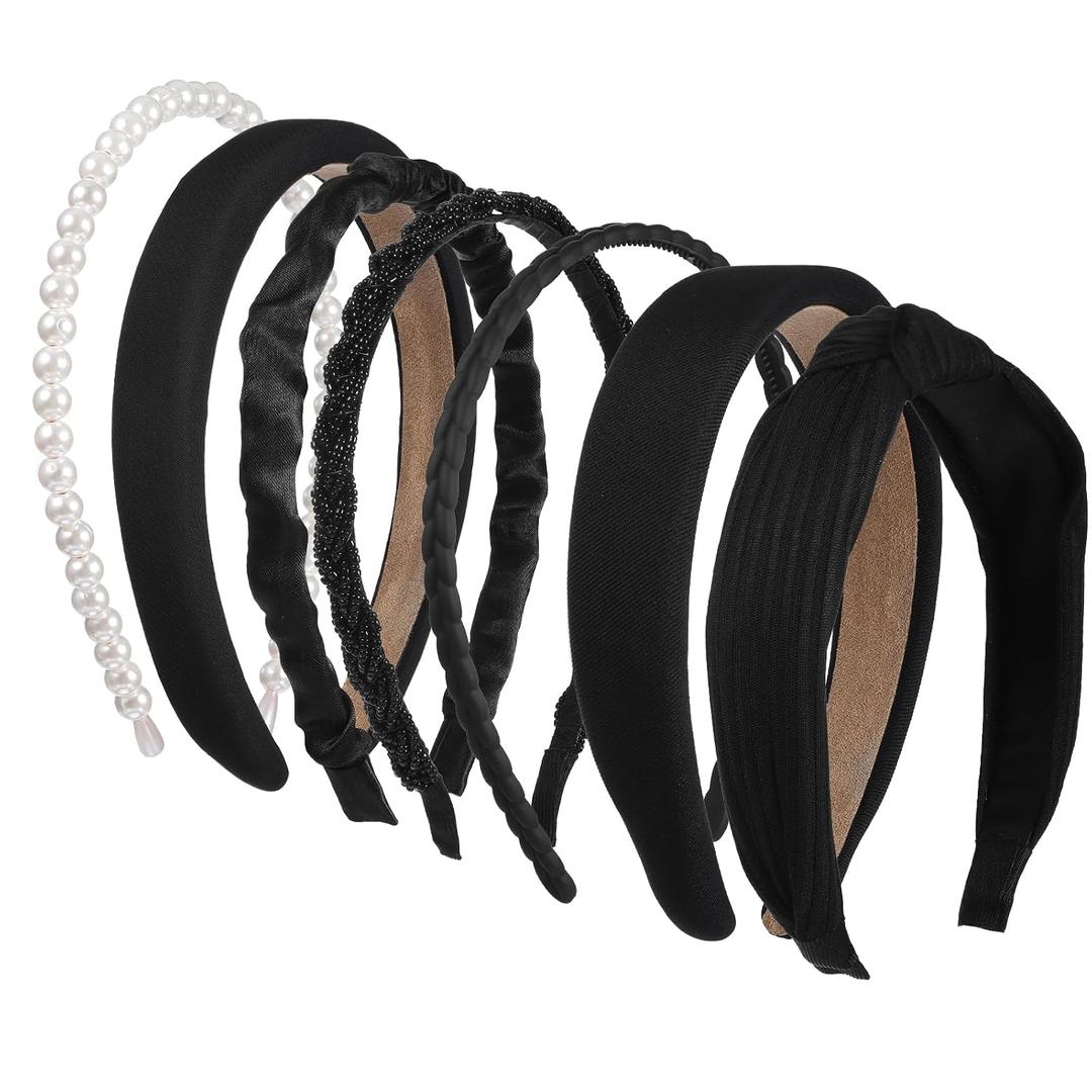 7 Pcs Black Headbands for Women Multi-style Knotted Head Bands Vintage Pearl Hairbands Fashion Wide Padded Hair Band Non Slip Hair Accessory Women Wash Face Thin Thick Party Daily Christmas Halloween
