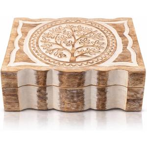 Great Birthday Gift Handmade Decorative Wooden Jewelry Box Tree Of Life Carving Jewelry Organizer Keepsake Box Treasure Chest Trinket Holder Watch Box Storage Lock Box 9 x 6 Inch Housewarming Gift