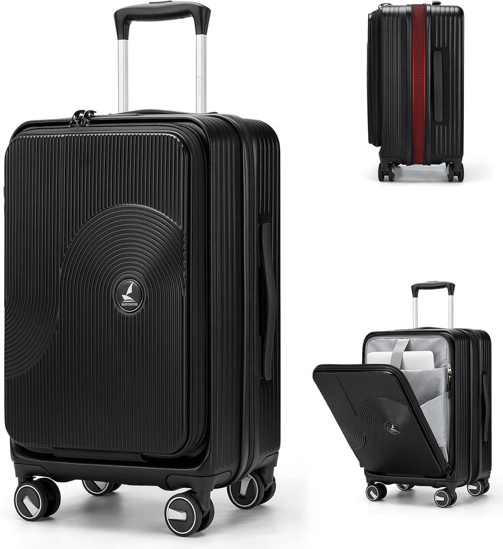 RAINSMORE Carry on Luggage 20 Inch Expandable, Airline Approved Carry on Suitcase with Front Compartment & Top Opening Hard Shell Rolling Travel Luggage with TSA Lock & Spinner Wheels, Black