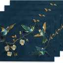 12"x18" Navy/Green Hummingbird Golden White Flowers Placemats Set of 4 Washable Thick Place Mats Kitchen Table Mats Decorative Linen Fabric Table Mat for Dining Table Kitchen Home Decor