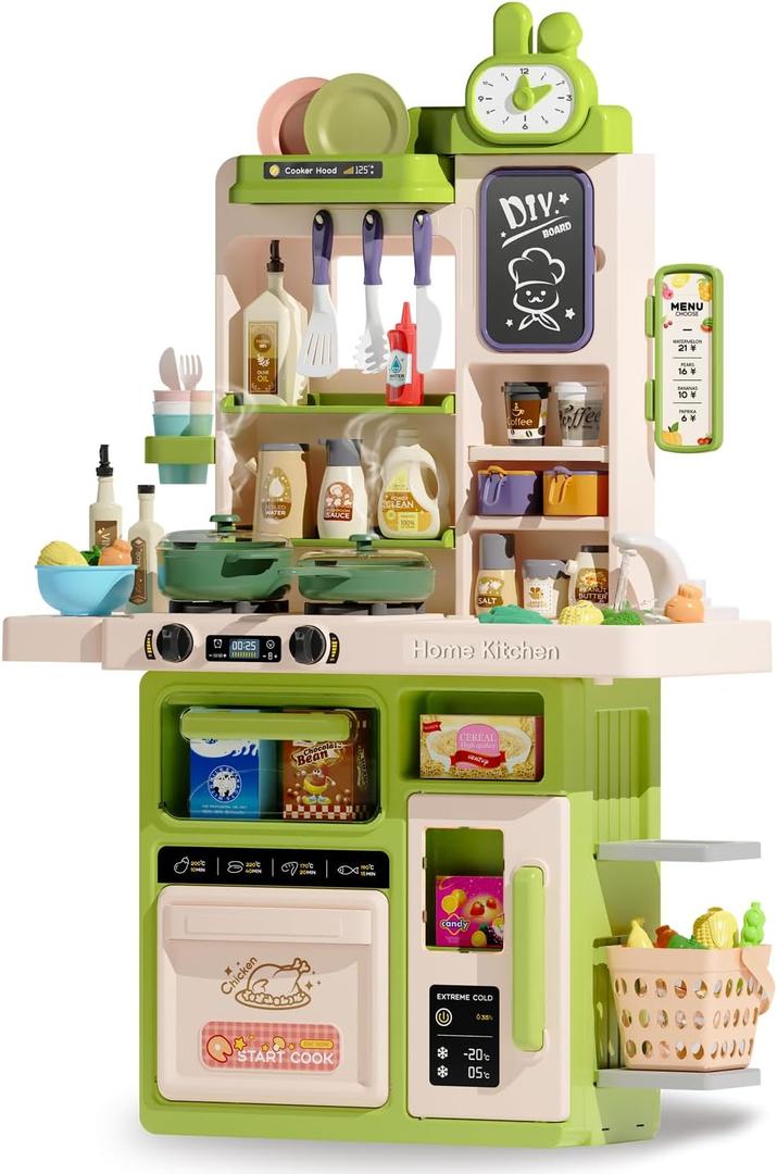 Kids Kitchen Playset Set, 63PCS Pretend Play Kitchen Toys for Toddlers, Cooking Stove with Steam Sound Light, Play Sink with Manual Faucet, Play Food Accessories Gift for Boys, 33H Green