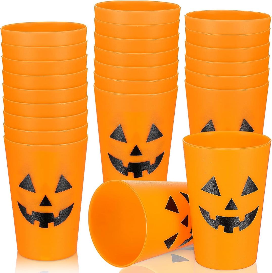 24 Pieces Halloween Plastic Party Cups Pumpkin Design Cup Jack O Lantern for Adults Kids 8 oz Orange Reusable Supplies Tableware