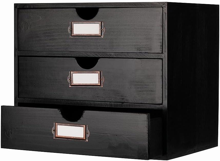 Wooden Storage Box Rustic Desktop Organizer with 3 Drawers Office Desk Accessories Shelf Large Craft Storage Containers Apothecary Cabinet and Chest Jewelry Holder for Women(Black)
