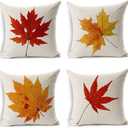 LEIOH Fall Decor Cotton Linen Leaves,Maple Leaf Autumn Decorations Cushion Covers 18 x 18 Inch Sofa Home Decor Throw Pillow Case for Bed Pillow Covers Set of 4