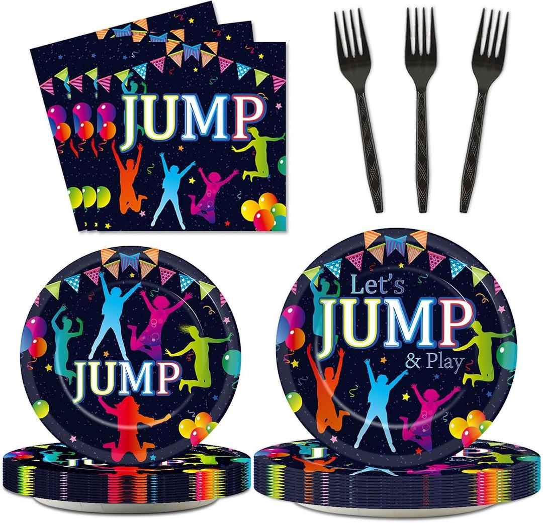 96Pcs Jump Party Supplies Lets Jump Paper Plates Napkins Trampoline Party Decorations Jumping Theme Birthday Dinnerware Party Favor Baby Shower Tableware Serves 24