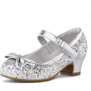 K KomForme Girl's Dress Shoes Mary Jane Glitter 1.5 in Low Heel Wedding Party Princess Shoes for Toddler/Little/Big Kids (Silver)