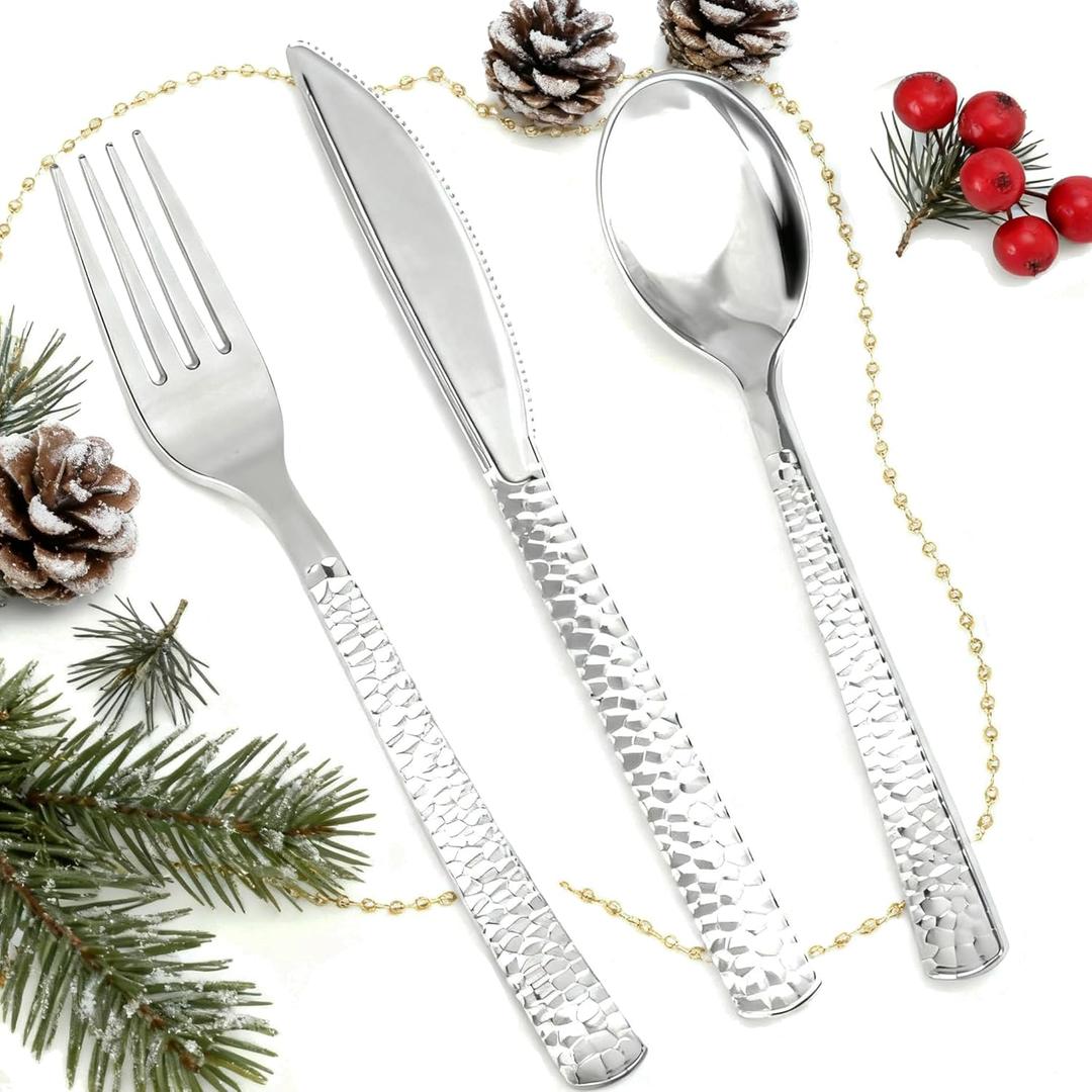 300Pieces Silver Plastic Silverware - Hammered Disposable Utensils - Heavy Duty Plastic Cutlery Set Includes 100 Forks, 100 Spoons, 100 Knives for Dinner Parties Weddings (300PCS)