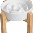 Elevated Slow Feeder Dog Bowl - Ceramic Maze Food Dish with Bamboo Stand - Raised Feeding Bowl for Fast Eaters - Ideal for Small and Medium Dogs - White - 6.7 inch