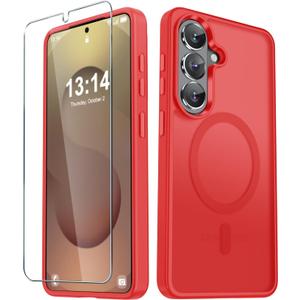 2 x YENAPOON for Samsung Galaxy S26+ Plus Case, Matte Magnetic Phone Cover, Red | Fit for MagSafe, Screen Protector included, Shockproof Military Grade Protection, Translucent Frosted Back