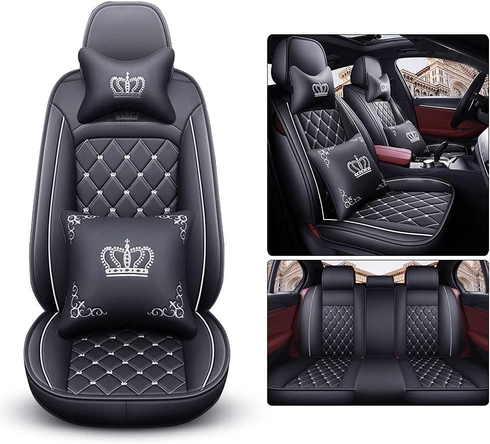 Full Set Car Seat Covers, Crown PU Leather Car Seat Cover Full Surround, Comfortable Automotive Vehicle Cushion Cover Fit for Most 5 Seats Cars/SUV/Truck/Vans (Black+White)