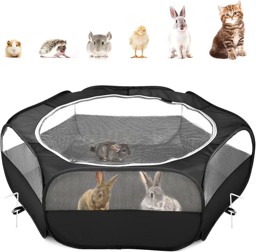 Pawaboo Small Animals Playpen, Waterproof Small Pet Cage Tent with Zippered Cover, Portable Outdoor Yard Fence with 3 Metal Rod for Kitten/Puppy/Guinea Pig/Rabbits/Hamster/Chinchillas, Black, 52.4"L x 52.4"W x 15"H
