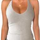 Jar of Love Women's Workout Tank Top with Built-in Shelf Bra-V-Neck Racerback Ribbed Cami for Gym, Yoga, Running (Heather Grey), Small