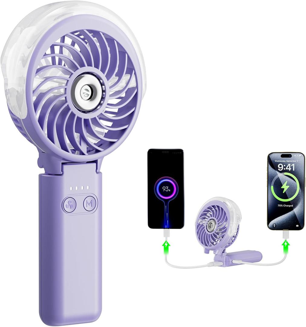 HandFan 5200mAh Upgraded Portable Misting Fan, Rechargeable Handheld Mister Fan, Spray Water Mist Fans, Mini Cooling AC Ice Fans for Beach Travel Concerts, Gifts for Women(Light Purple)