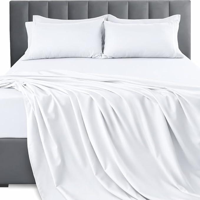 LUX Dcor Queen Sheet Set 6 Piece Ultra-Soft Microfiber Bed Sheets with Flat Sheet, 16 Inches Deep Pocket Fitted Sheet & 4 Pillowcases, Cooling & Breathable Hotel Luxury, Oeko-TEX White