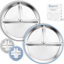 Stainless Steel Toddler Plate with Suction, 9 Divided Plates with Removable Silicone Sleeves for Kids, Non Toxic & BPA Free | Non Slip | Unbreakable Baby Snack Dishes Set of 2, Blue & Gray