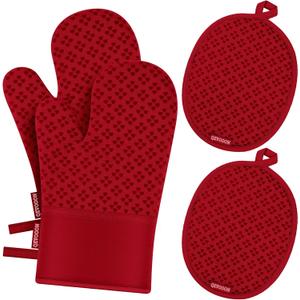 Oven Mitts and Pot Holders 4 Sets, Heat Resistant 500 ℉ Oven Mitt and Pot Holder,Oven Glove&Potholders with Non-Slip Silicone Surface,Kitchen Essentials for Cooking/Baking/BBQ-Red