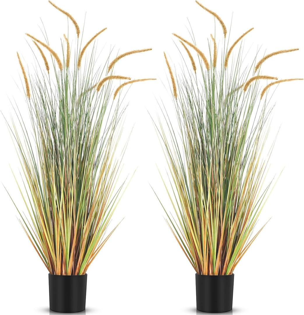 Jexine 2 Pieces Faux Plants Outdoor 4 ft Tall Artificial Grass Plant Potted Artificial Setaria Grass Faux Greenery Floor Plants for Housewarming Gift House Garden Lobby Outdoor (Autumn Green)