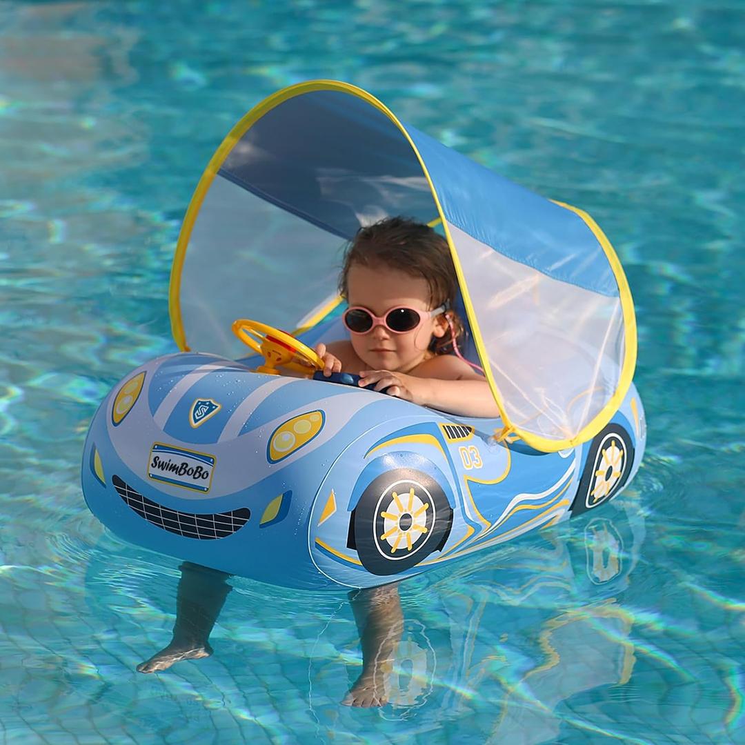 Toddler Pool Float Inflatable Car Baby Swim Float with Adjustable Sun Canopy and Safety Seat Pool Toys for Kids 3+ Years Old