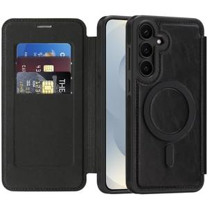 LEMAXELERS for Samsung Galaxy S25 FE Flip Wallet Case, Compatible with MagSafe, with [RFID Blocking] Card Holder PU Leather Shockproof Camera Protection Cover for Samsung Galaxy S25 FE, Black WLD