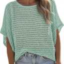 Saodimallsu Womens Crochet Tops Summer Batwing Short Sleeve Oversized Sweater Boat Neck Mesh Knit Beach Cover Up Top (Medium, Green)
