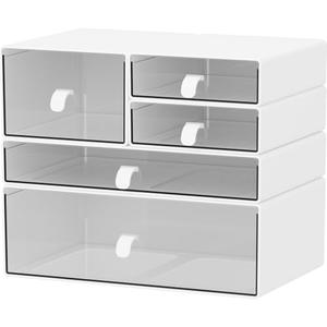 Yashong Desk Organizer Set, White & Clear Stackable Dustproof Storage Boxes for Desktop, Office, Bathroom, DIY Craft & Vertical Space Saving, Perfect for Makeup, Stationery Organization (5 Drawer)