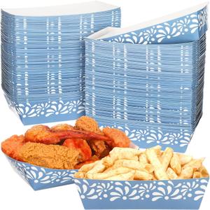 Zhehao 100 Pcs Cielito Lindo Party Decoration Supplies Mexican Snack Trays Platos De Barro Terracotta Clay Mexicanos Nacho Popcorn Disposable Trays for Cinco De Mayo Wedding(Blue Flower)
