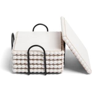 GENMOUS 6 Pack Farmhouse Wooden Bead Coasters with Metal Holder for Coffee Table Decor, Square Handmade Cup Coasters Set for Drinks Absorbent, Rustic Cute for Home Kitchen Table Dcor Gift