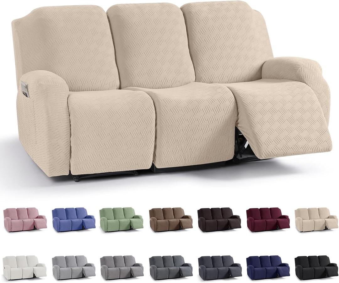 KinCam Recliner Covers, Stretch Reclining Chair Covers, Recliner Sofa Slipcovers Stripe Jacquard Recliner Couch Covers Furniture Protector Covers for Pet Kid (3 Seater, Vanilla)