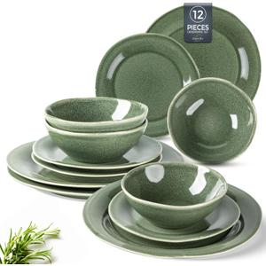 AmorArc Ceramic Dinnerware Sets, Handmade Stoneware Reactive Glaze Plates and Bowls Set, Scratch Resistant | Dishwasher & Microwave Safe Dishes Set, Service for 4 (12pc) (Jade Green)