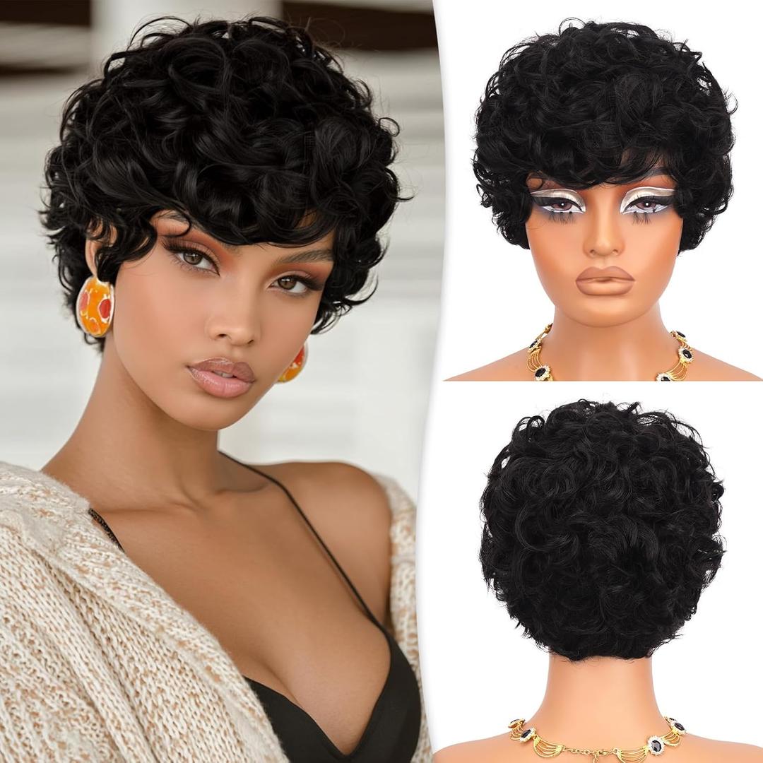 RUWISS Pixie Cut Wig Human Hair Curly Short Wigs for Black Women Glueless Pixie Human Hair Wig with Bangs for Daily Use Natural Short Bob Layered Wavy Human Hair Wigs for Black Women, Natural Black