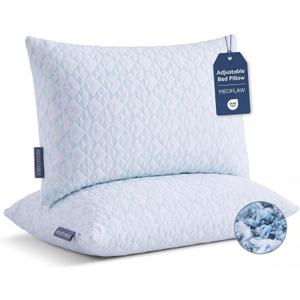 Meoflaw Adjustable Memory Foam Bed Pillows:Queen Size Shredded Foam Pillow Set of 2 for Sleeping with Removable & Washable Pillowcase for Back,Side & Stoamch Sleeper-Medium Firm