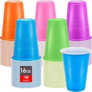 100 Pcs Colored Plastic Cups 16 oz Disposable Cups Bulk Assorted Drinking Cups Multicolor Cups for Everyday Use Birthday Party Celebration, 5 Colors, Easy Grip