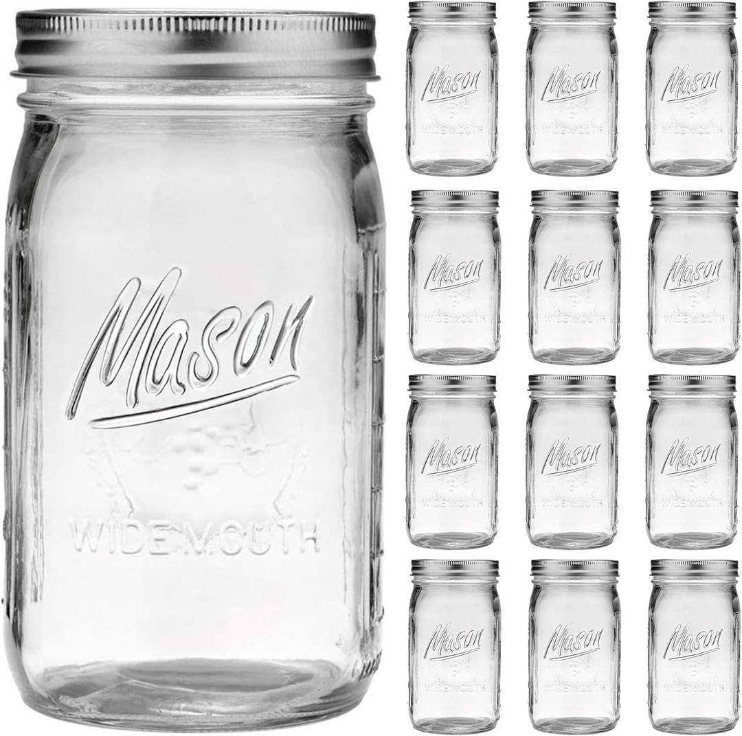 Wide Mouth Mason Jars - 32 oz, 12 Pack Large Glass Jars with Airtight Lids, 1 Quart for Pickling, Canning, Fermenting and Food Storage, Microwave & Dishwasher Safe